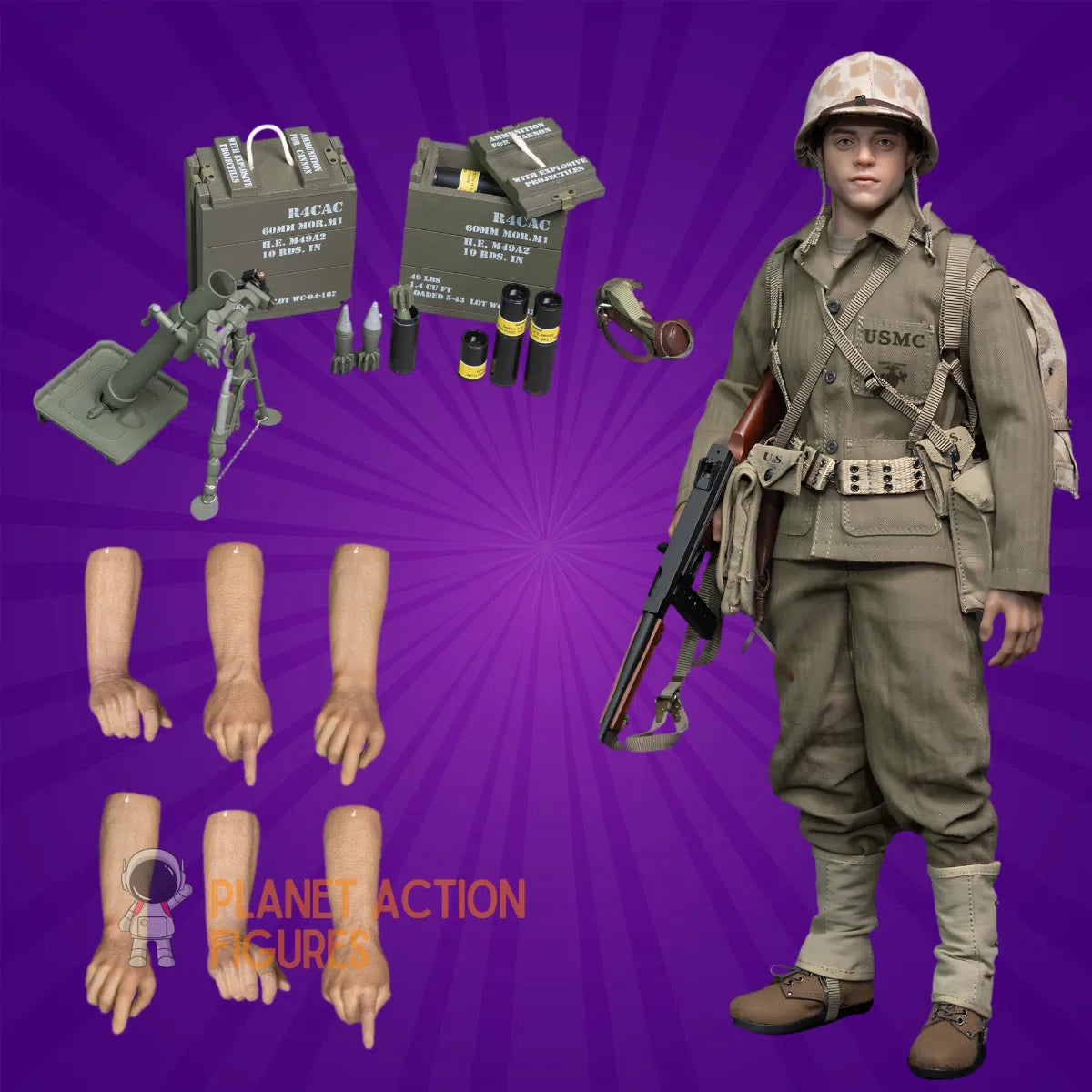 The Pacific War: WWII: Mortar Team Member: "Snafu" Merriell: Special Edition With Mortar Set: Sixth Scale FacePool